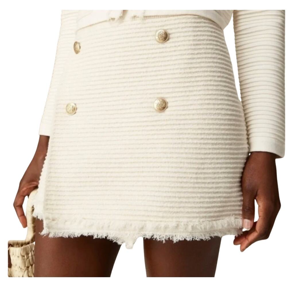 J. Crew NWT Faux-Wrap Sweater Skirt In Fine Bouclé Ivory Off White Gold Button S